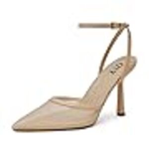 QIY Mesh Heels Closed Pointed Toe Heals in Tan